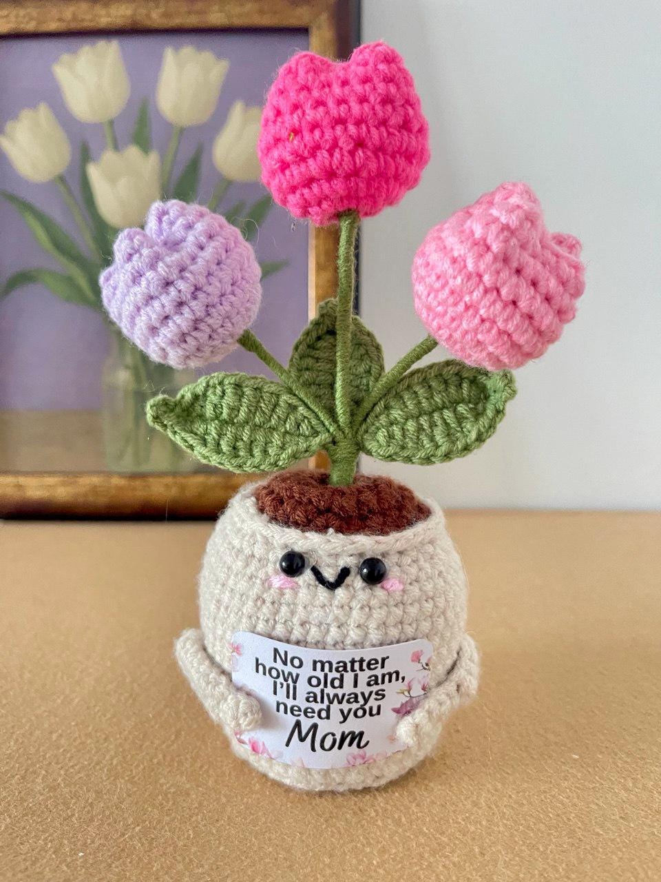Mother’s Day Crochet Flower Gift – Handmade Lily, Tulip or Rose – Personalized Plaque – Meaningful Gift for Mom