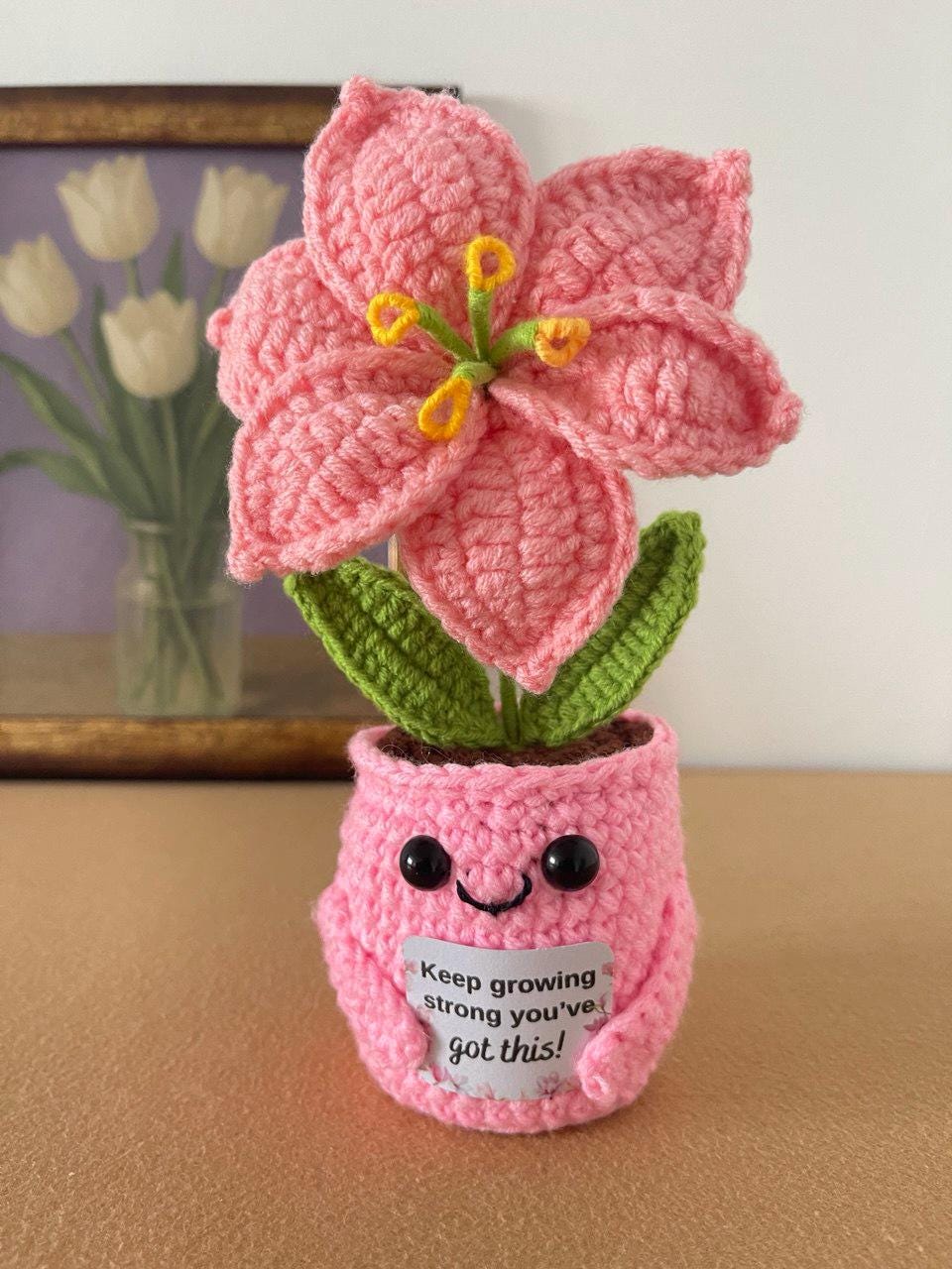 Mother’s Day Crochet Flower Gift – Handmade Lily, Tulip or Rose – Personalized Plaque – Meaningful Gift for Mom