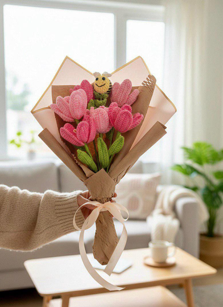 Handmade Crochet Lilies – Blue & White Bouquet – Wrapped – Floral Home Decor