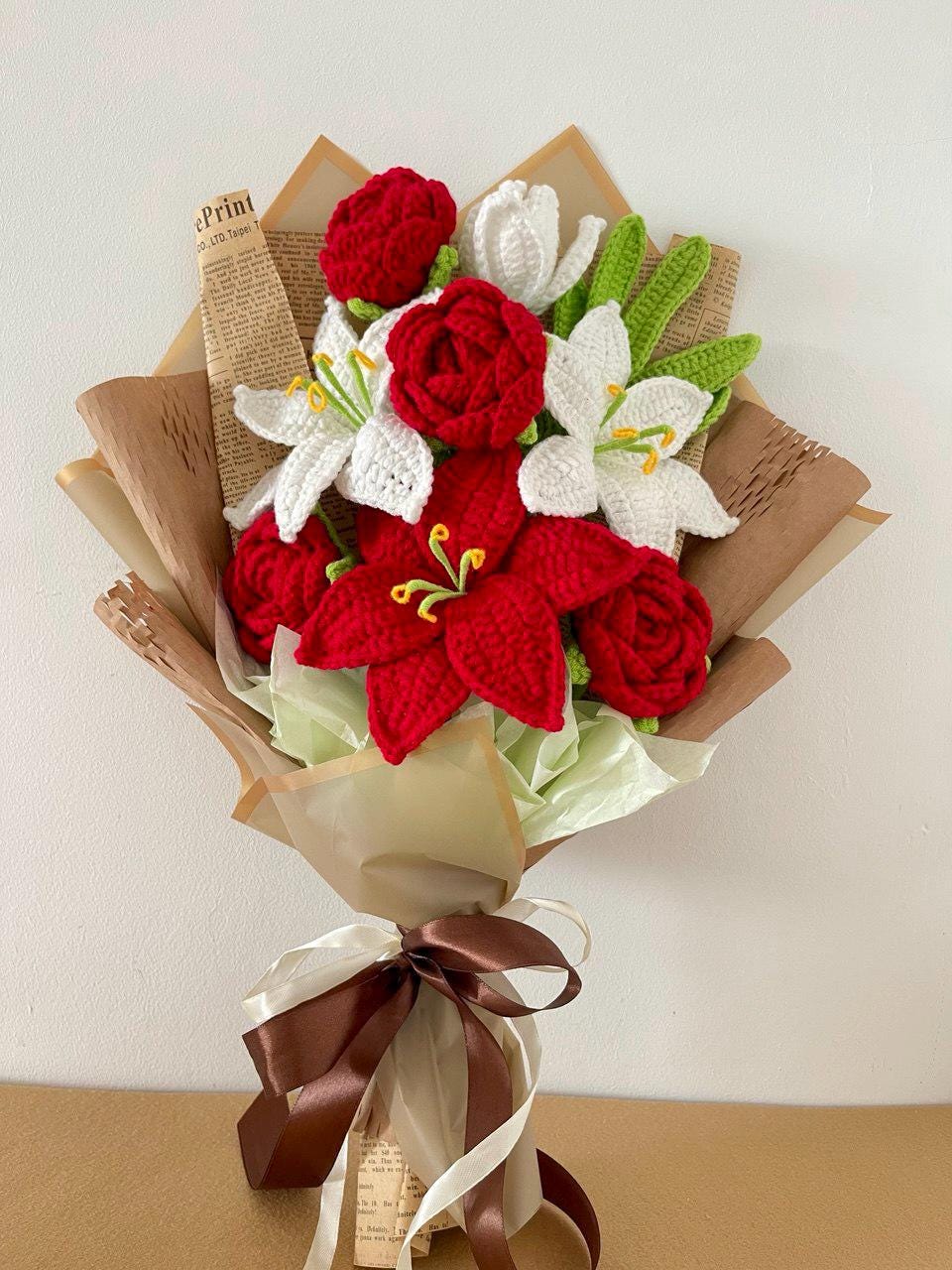 Handmade Crochet Lilies – Blue & White Bouquet – Wrapped – Floral Home Decor