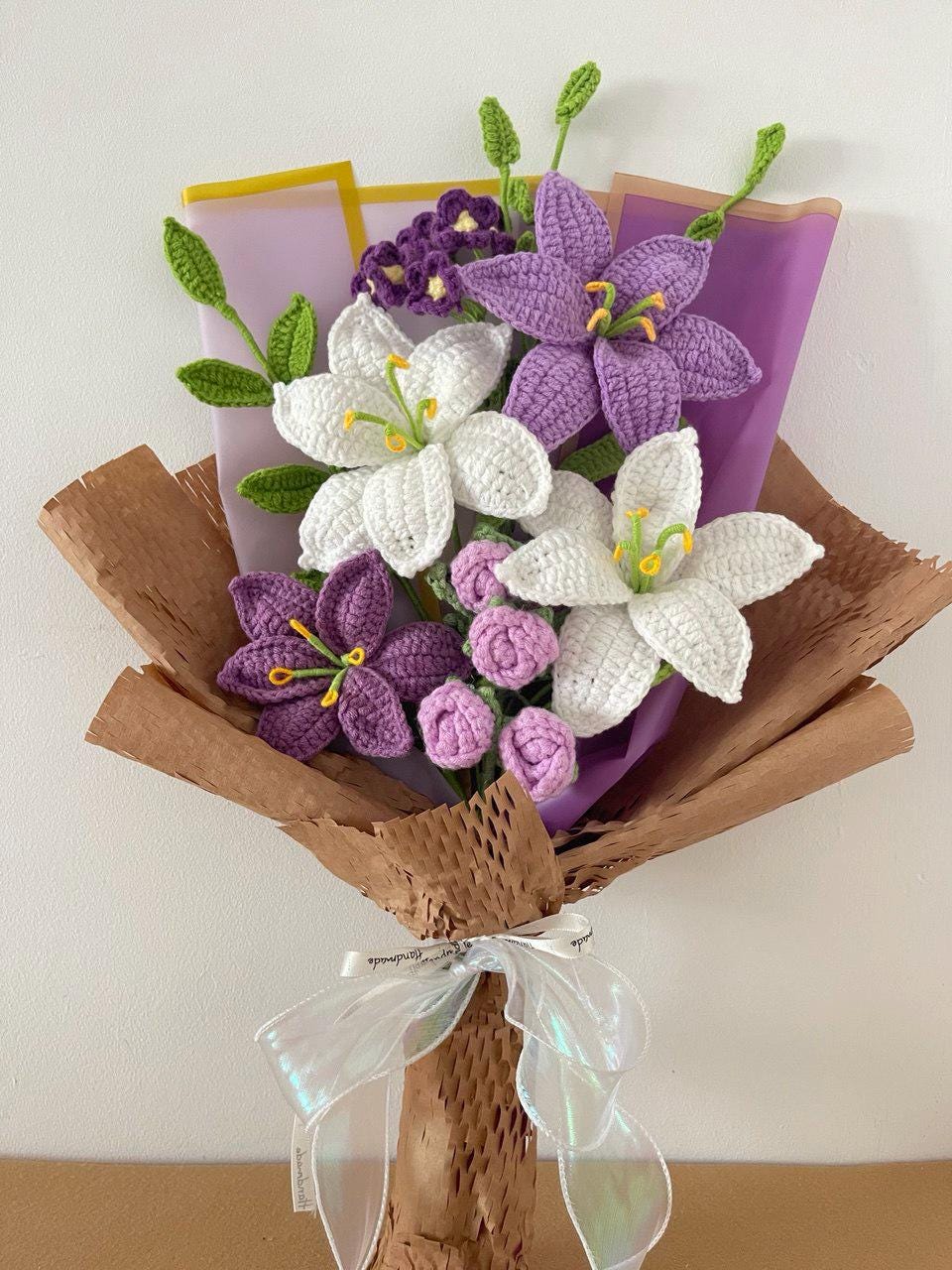 Handmade Crochet Lilies – Blue & White Bouquet – Wrapped – Floral Home Decor