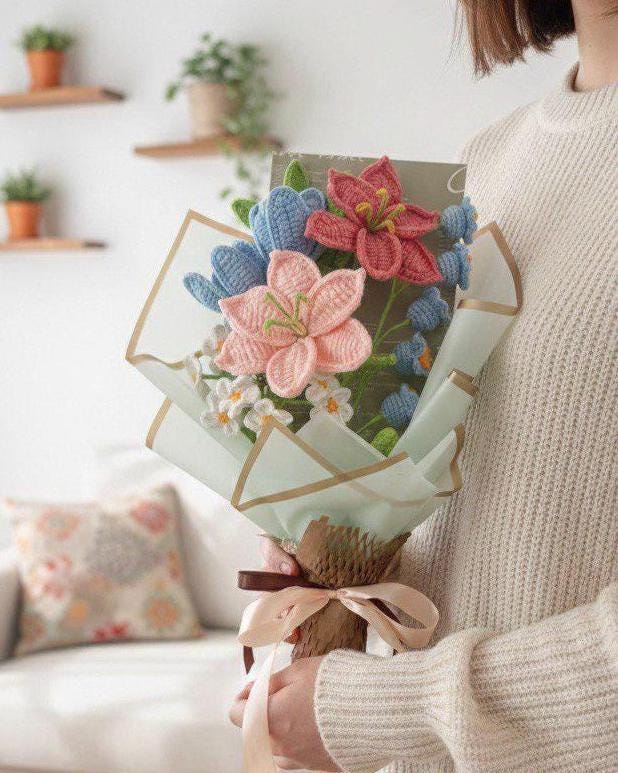Handmade Crochet Lilies – Blue & White Bouquet – Wrapped – Floral Home Decor