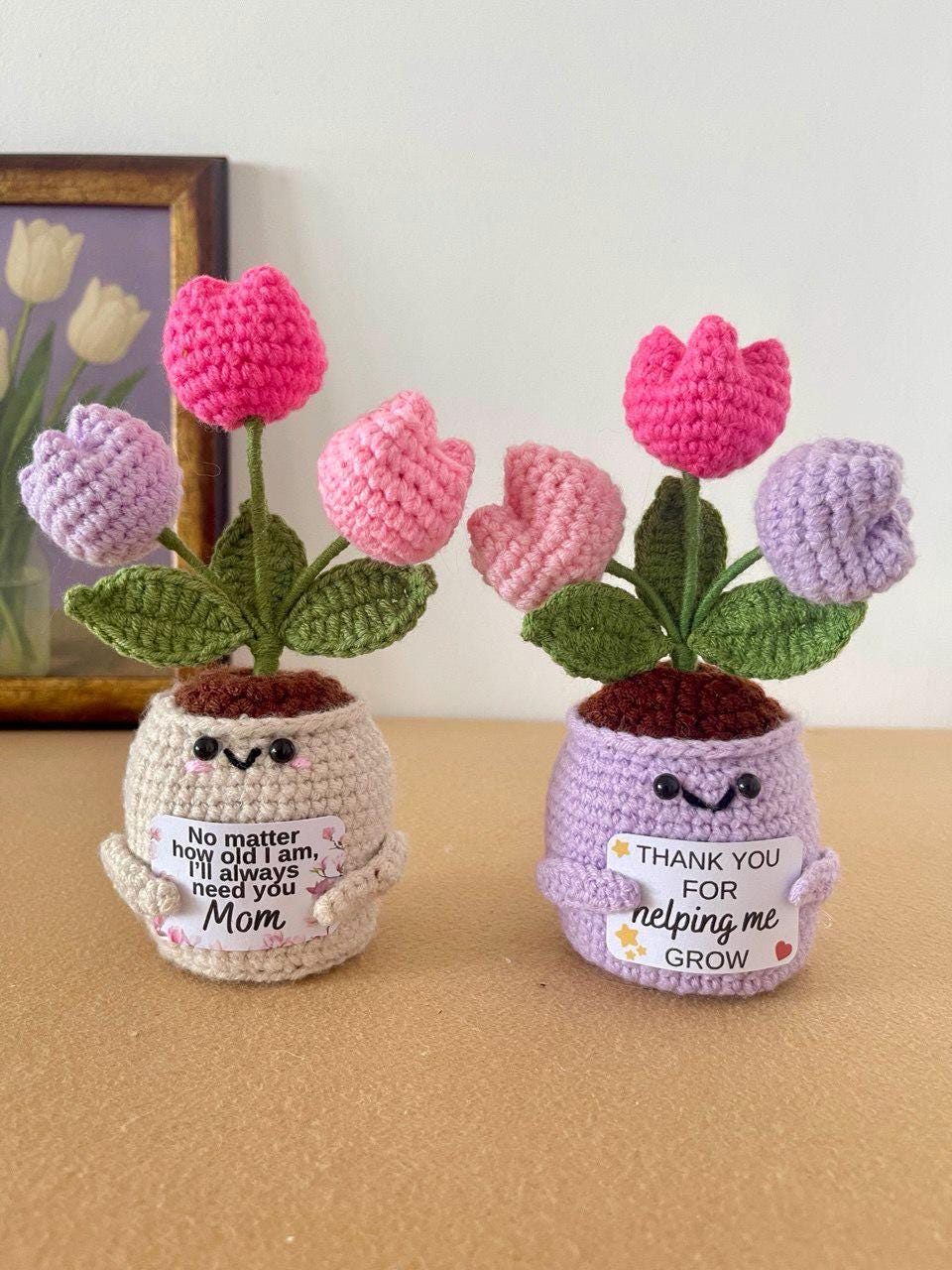 Mother’s Day Crochet Flower Gift – Handmade Lily, Tulip or Rose – Personalized Plaque – Meaningful Gift for Mom