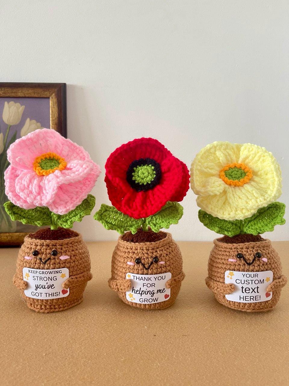 Mother’s Day Crochet Flower Gift – Handmade Lily, Tulip or Rose – Personalized Plaque – Meaningful Gift for Mom