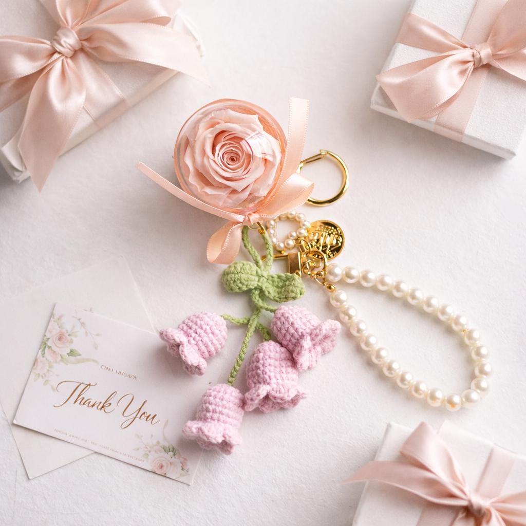 Preserved Rose and Crochet Lily of the Valley Pearl Keychain – Handmade – 5 cm Acrylic Sphere