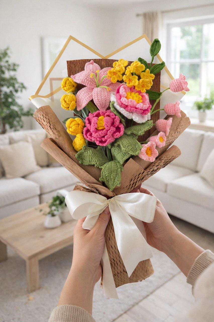 Handmade Crochet Lilies – Blue & White Bouquet – Wrapped – Floral Home Decor