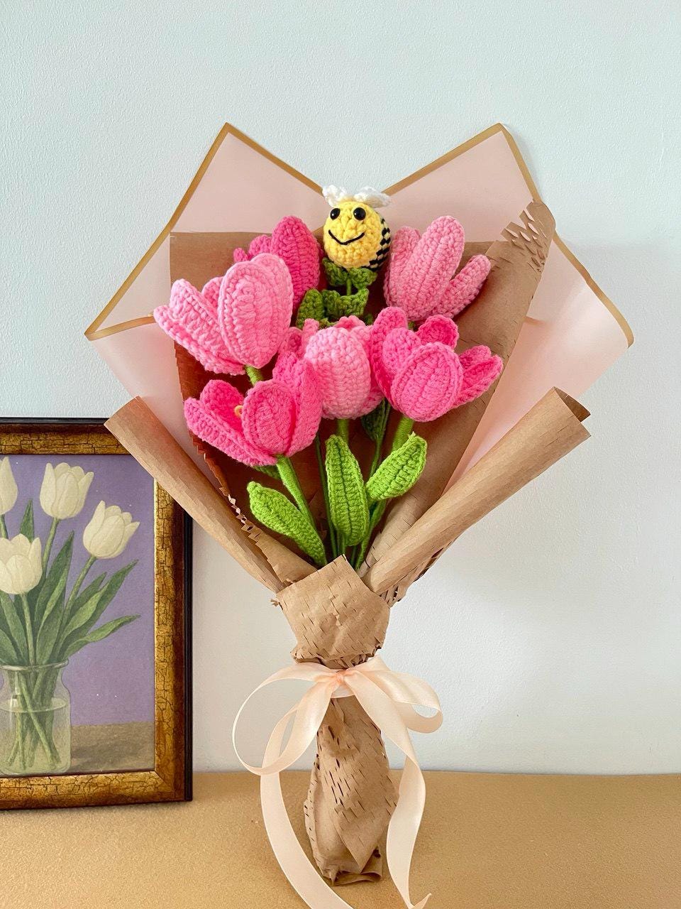 Handmade Crochet Lilies – Blue & White Bouquet – Wrapped – Floral Home Decor