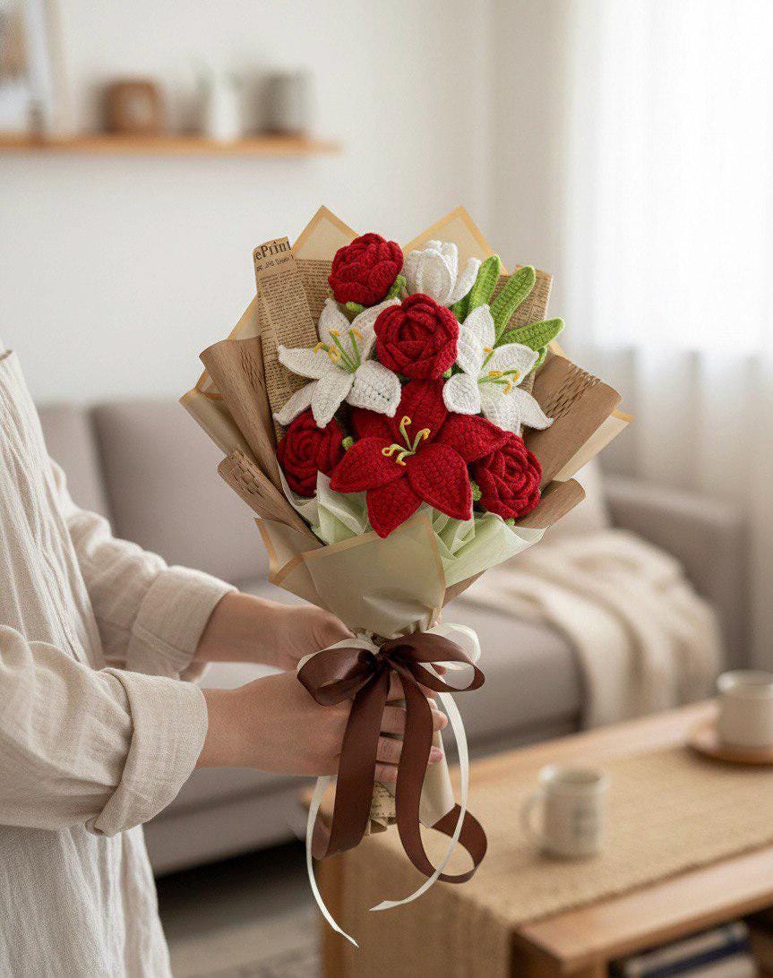 Handmade Crochet Lilies – Blue & White Bouquet – Wrapped – Floral Home Decor