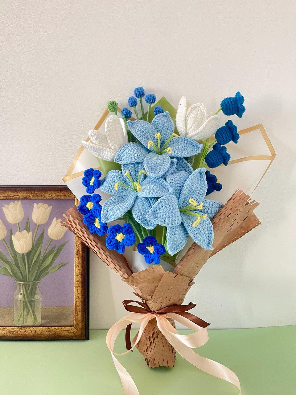 Handmade Crochet Lilies – Blue & White Bouquet – Wrapped – Floral Home Decor