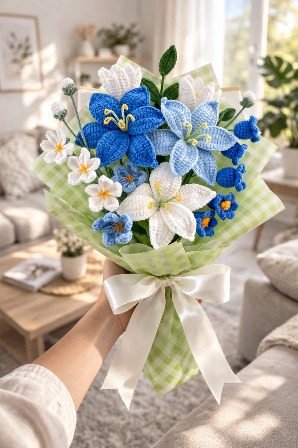 Handmade Crochet Lilies – Blue & White Bouquet – Wrapped – Floral Home Decor