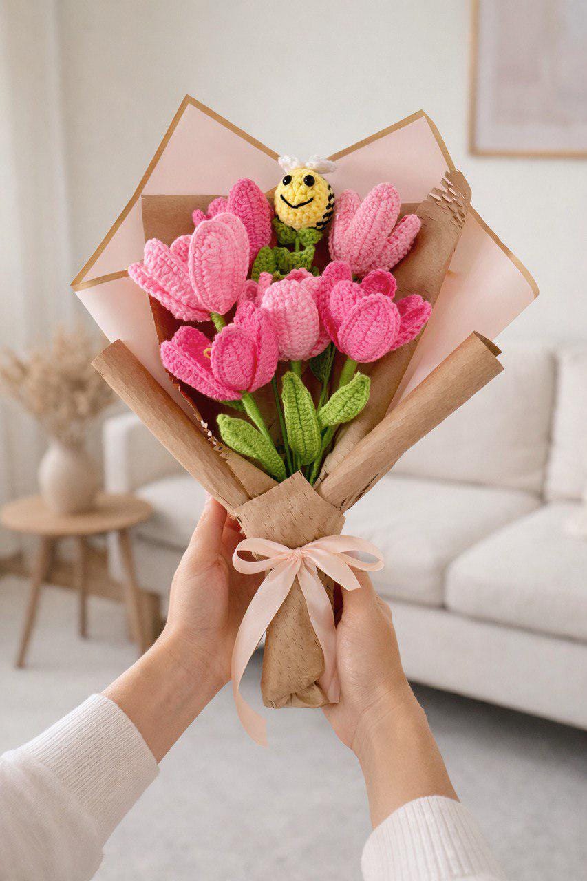 Handmade Crochet Lilies – Blue & White Bouquet – Wrapped – Floral Home Decor