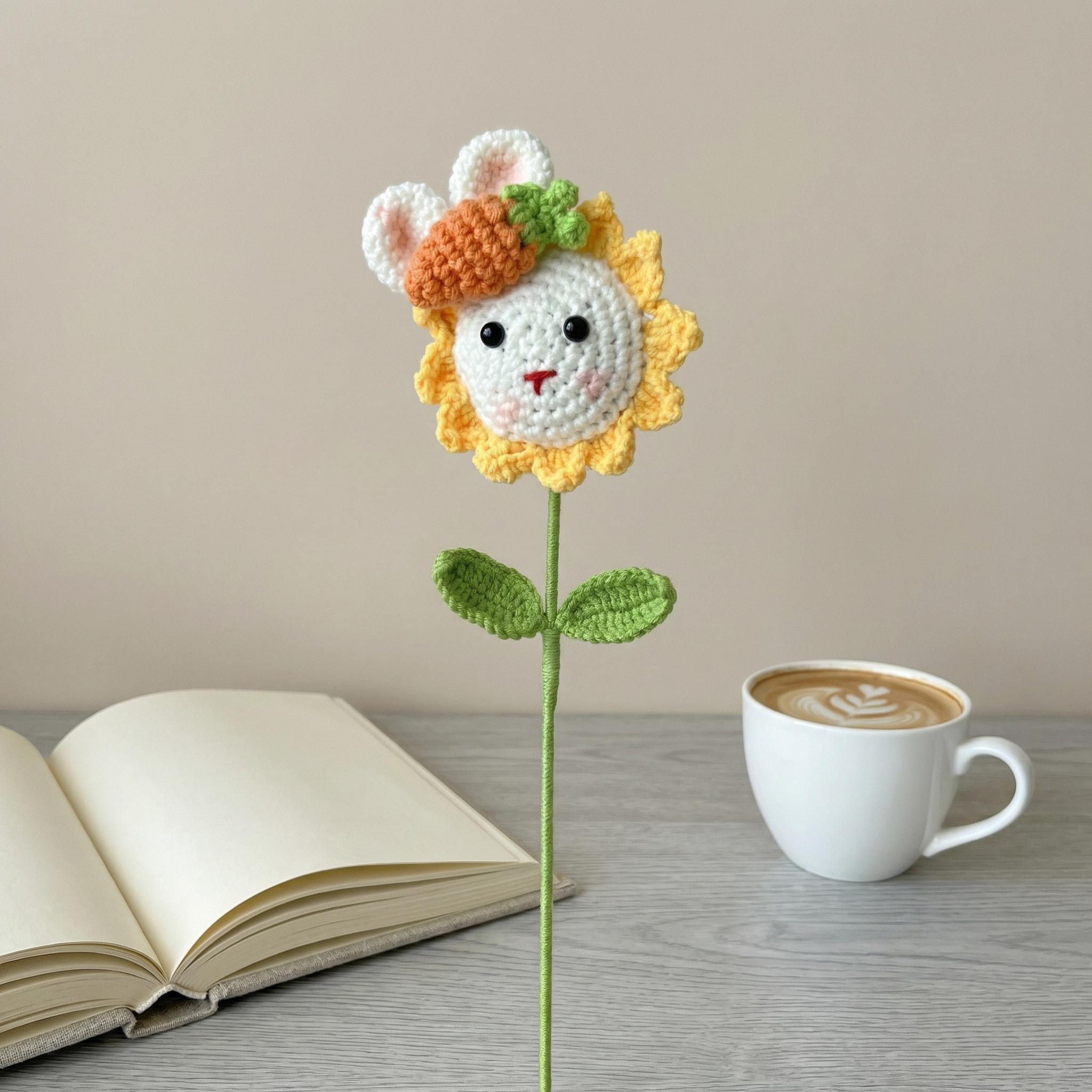 Crocheted flower pot，Crochet Easter Bunny Sunflower Decor, Handmade Amigurumi Rabbit, Spring Bunny Gift, Bunny Keychain or Flower Stem