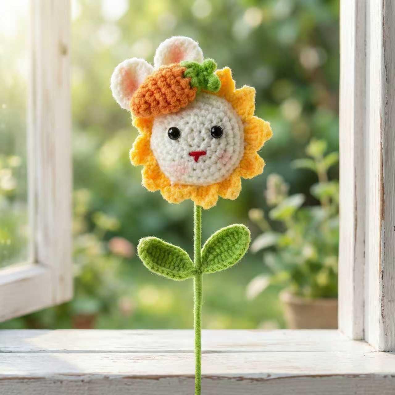 Crocheted flower pot，Crochet Easter Bunny Sunflower Decor, Handmade Amigurumi Rabbit, Spring Bunny Gift, Bunny Keychain or Flower Stem