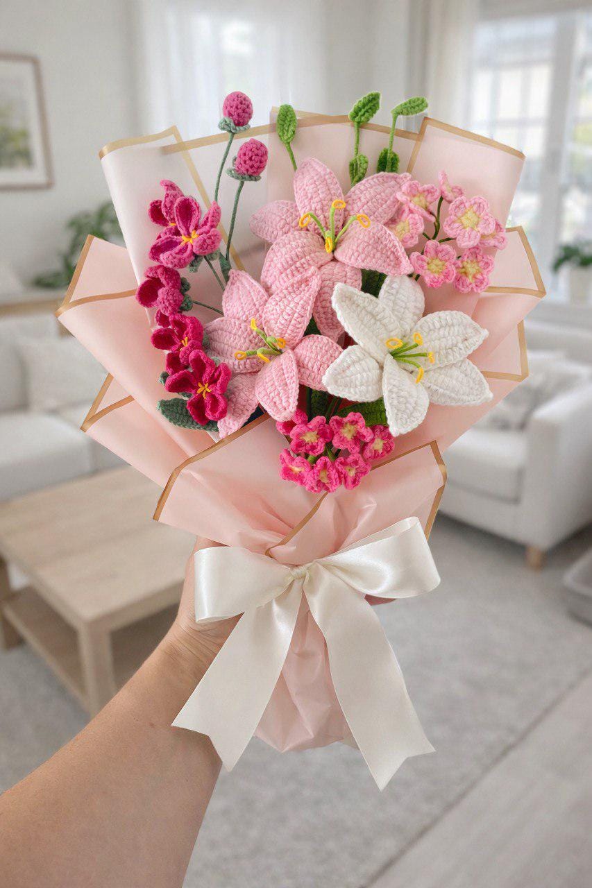 Handmade Crochet Lilies – Blue & White Bouquet – Wrapped – Floral Home Decor