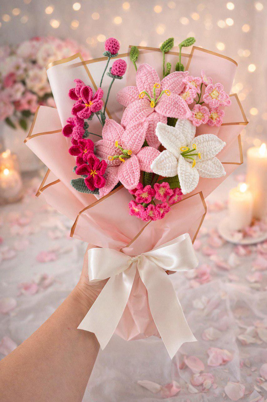 Handmade Crochet Lilies – Blue & White Bouquet – Wrapped – Floral Home Decor