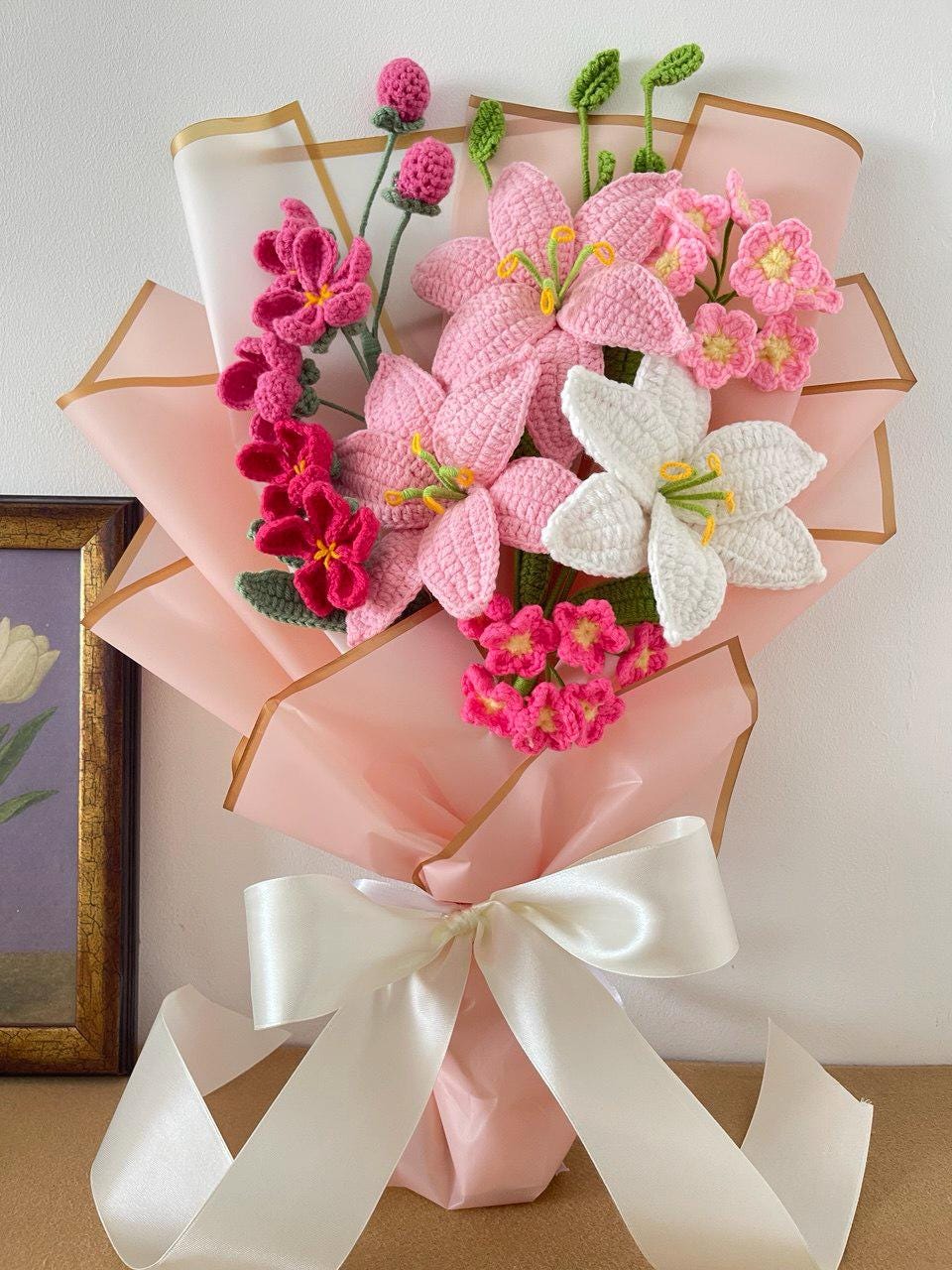 Handmade Crochet Lilies – Blue & White Bouquet – Wrapped – Floral Home Decor