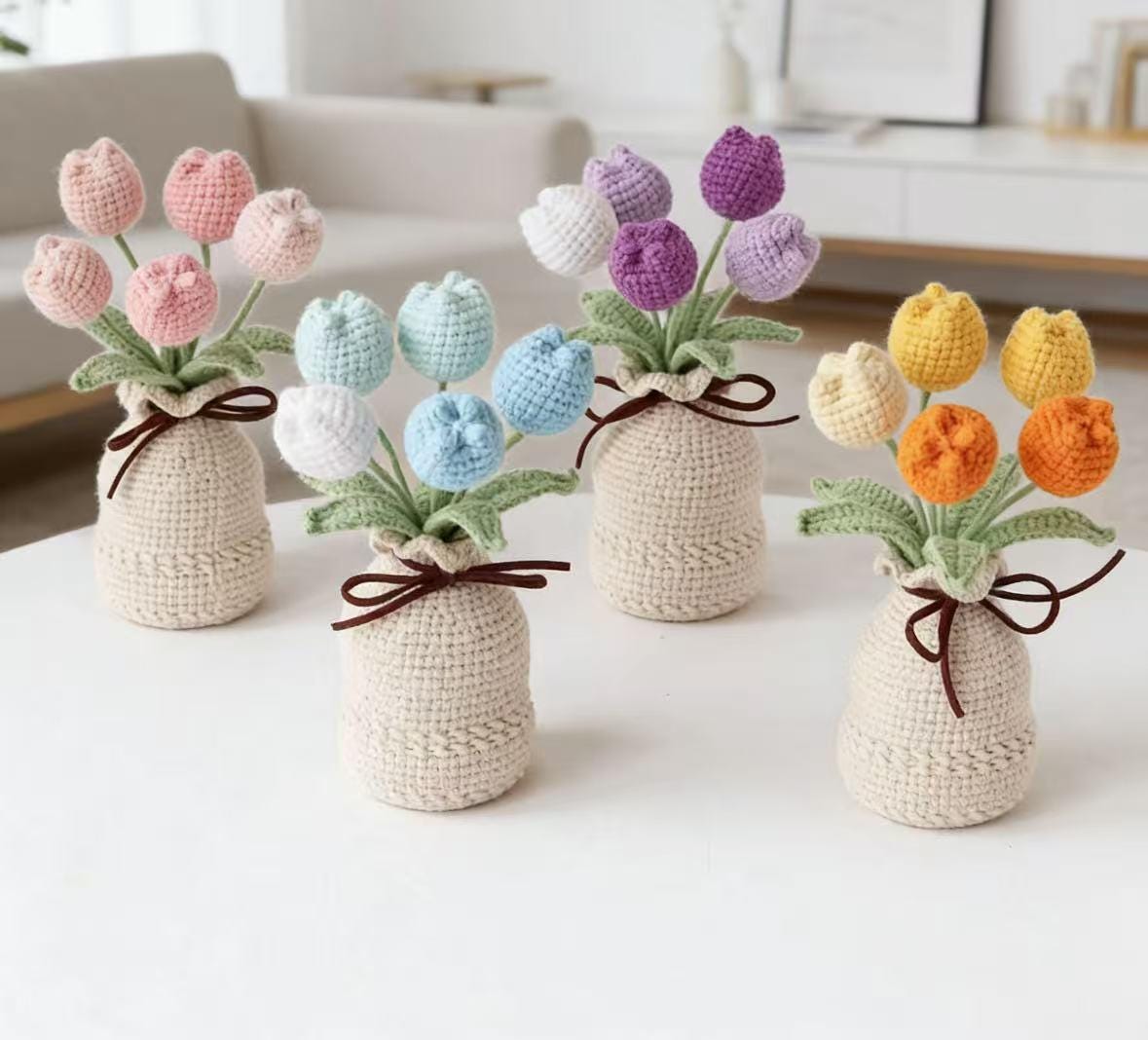 Crochet Tulip Flower in Vase, Handmade Knitted Tulip Bouquet,  Cute Desk Decor
