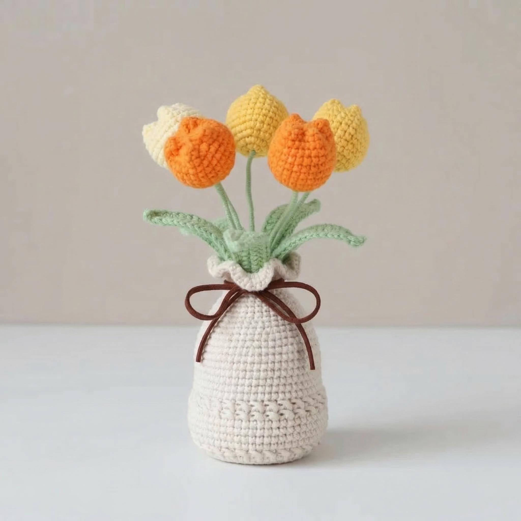 Crochet Tulip Flower in Vase, Handmade Knitted Tulip Bouquet,  Cute Desk Decor
