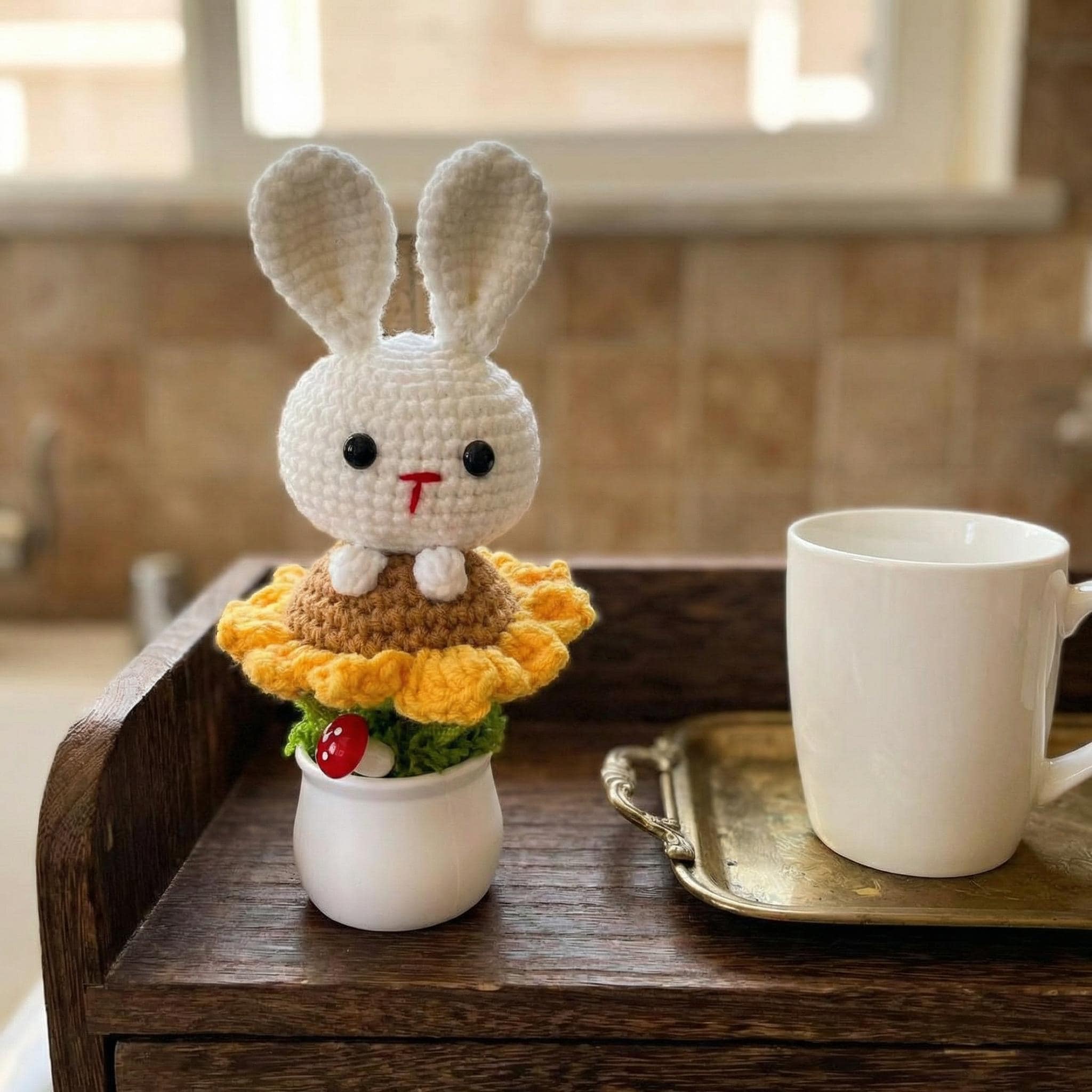 Crocheted flower pot，Crochet Easter Bunny Sunflower Decor, Handmade Amigurumi Rabbit, Spring Bunny Gift, Bunny Keychain or Flower Stem