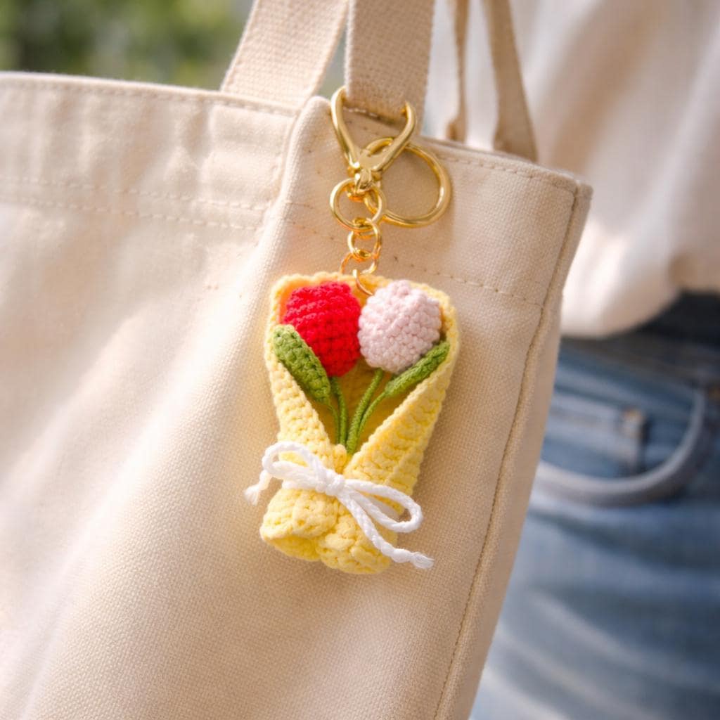 Handmade Mini Crochet Flower Bouquet Keychain – 9 Styles – Soft Yarn