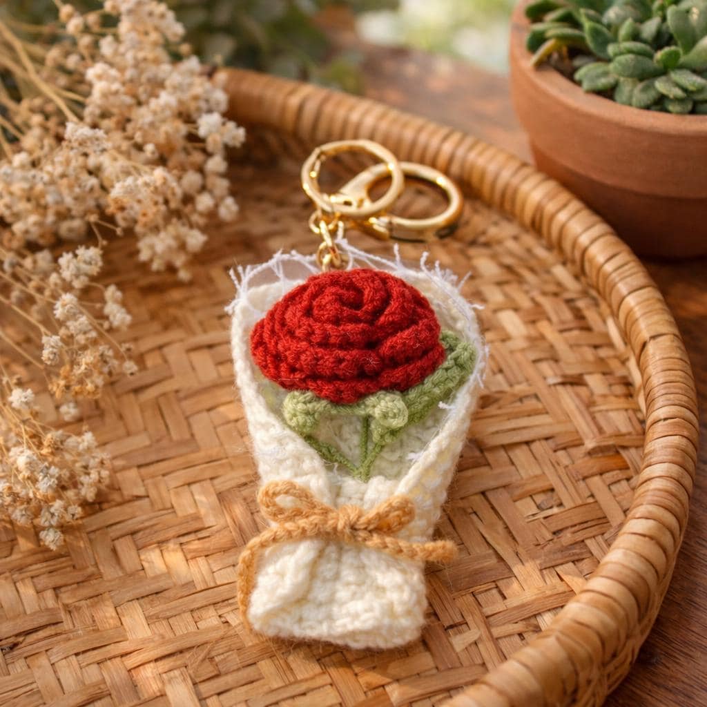 Handmade Mini Crochet Flower Bouquet Keychain – 9 Styles – Soft Yarn