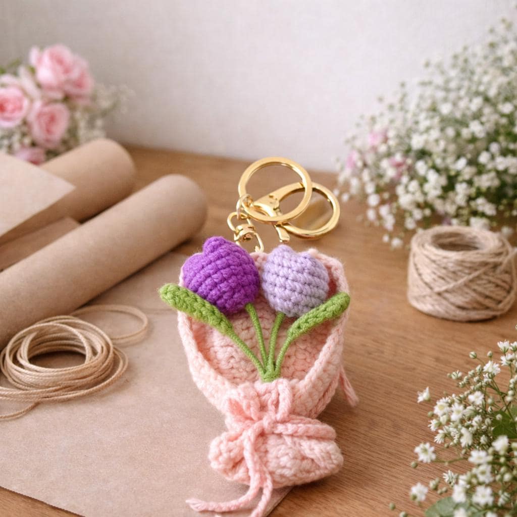 Handmade Mini Crochet Flower Bouquet Keychain – 9 Styles – Soft Yarn