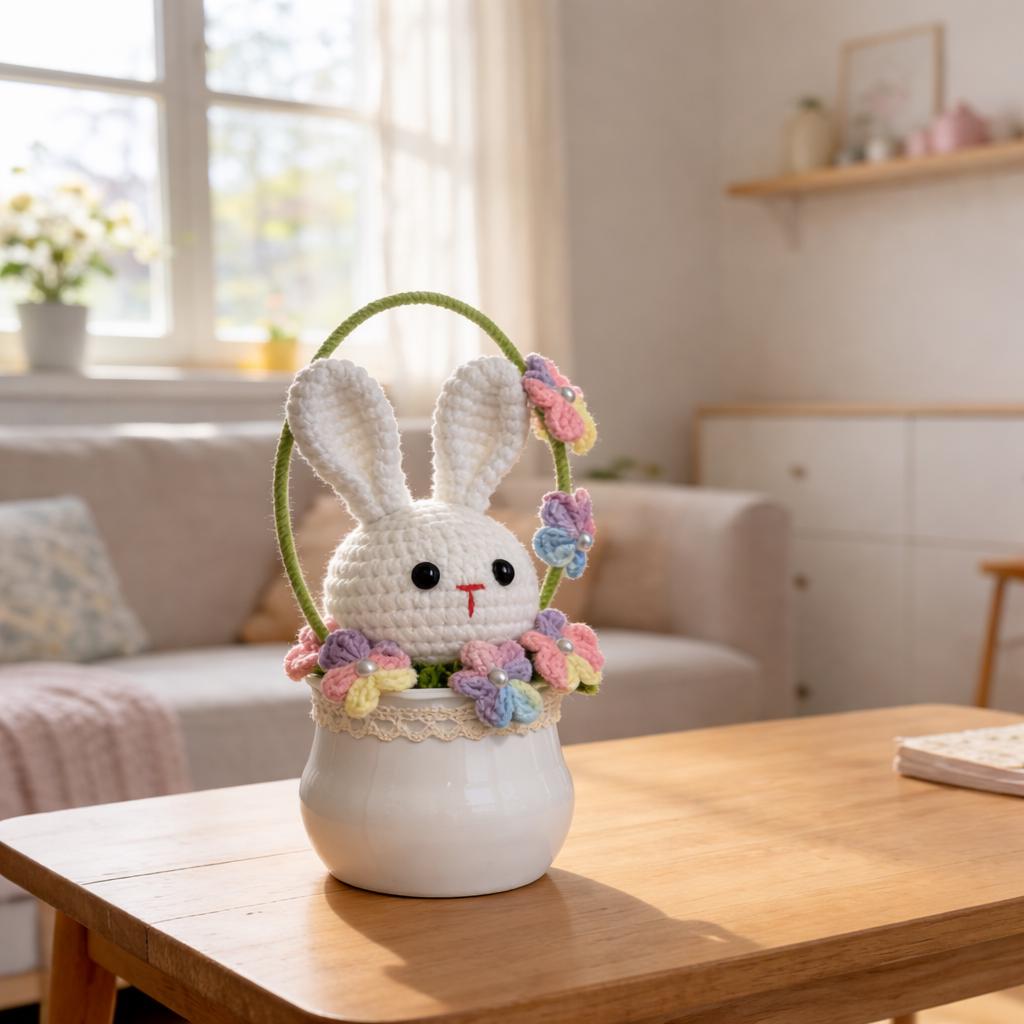 Handmade Crochet Bunny Basket Decor Gift for Kids