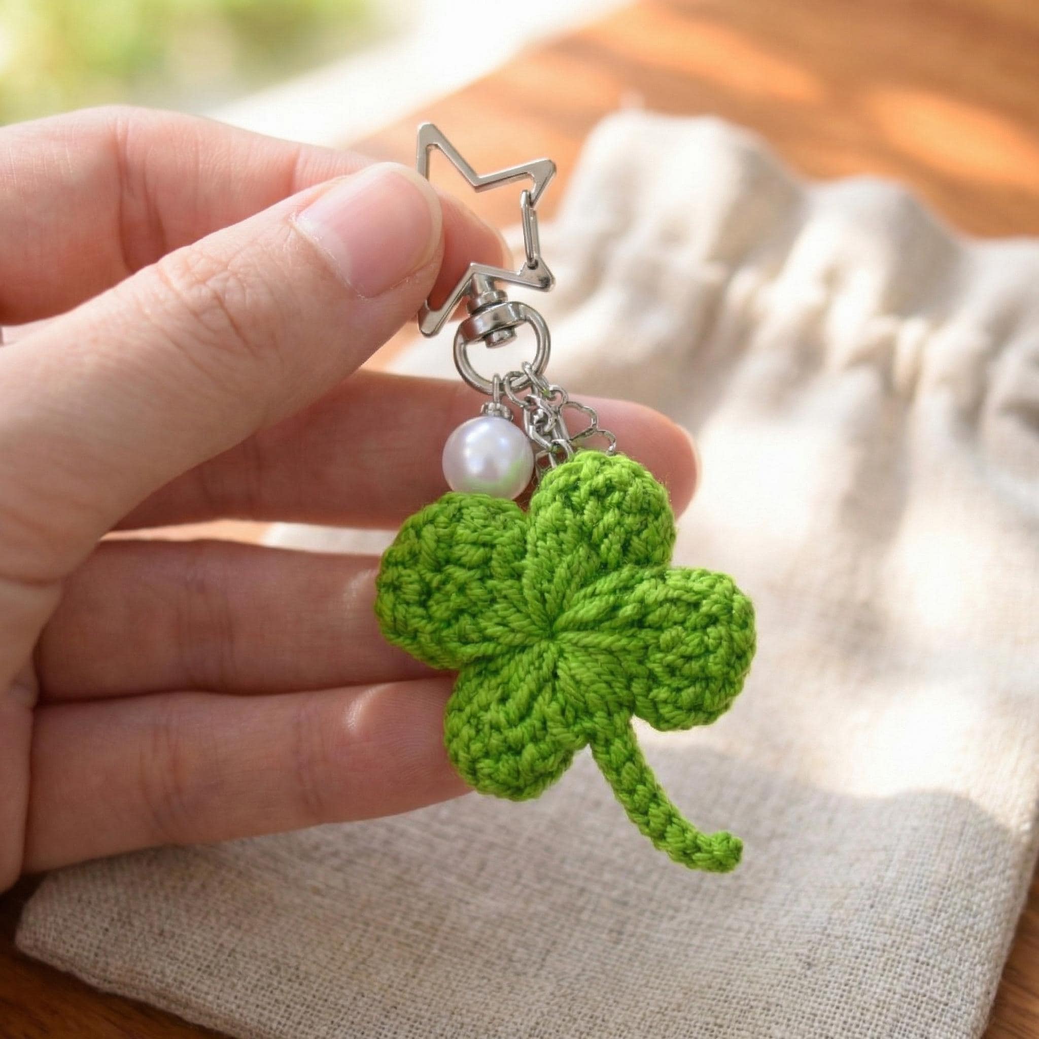 Handmade Crochet Four-Leaf Clover Keychain – Soft Yarn – Lightweight – Includes Metal Key Ring