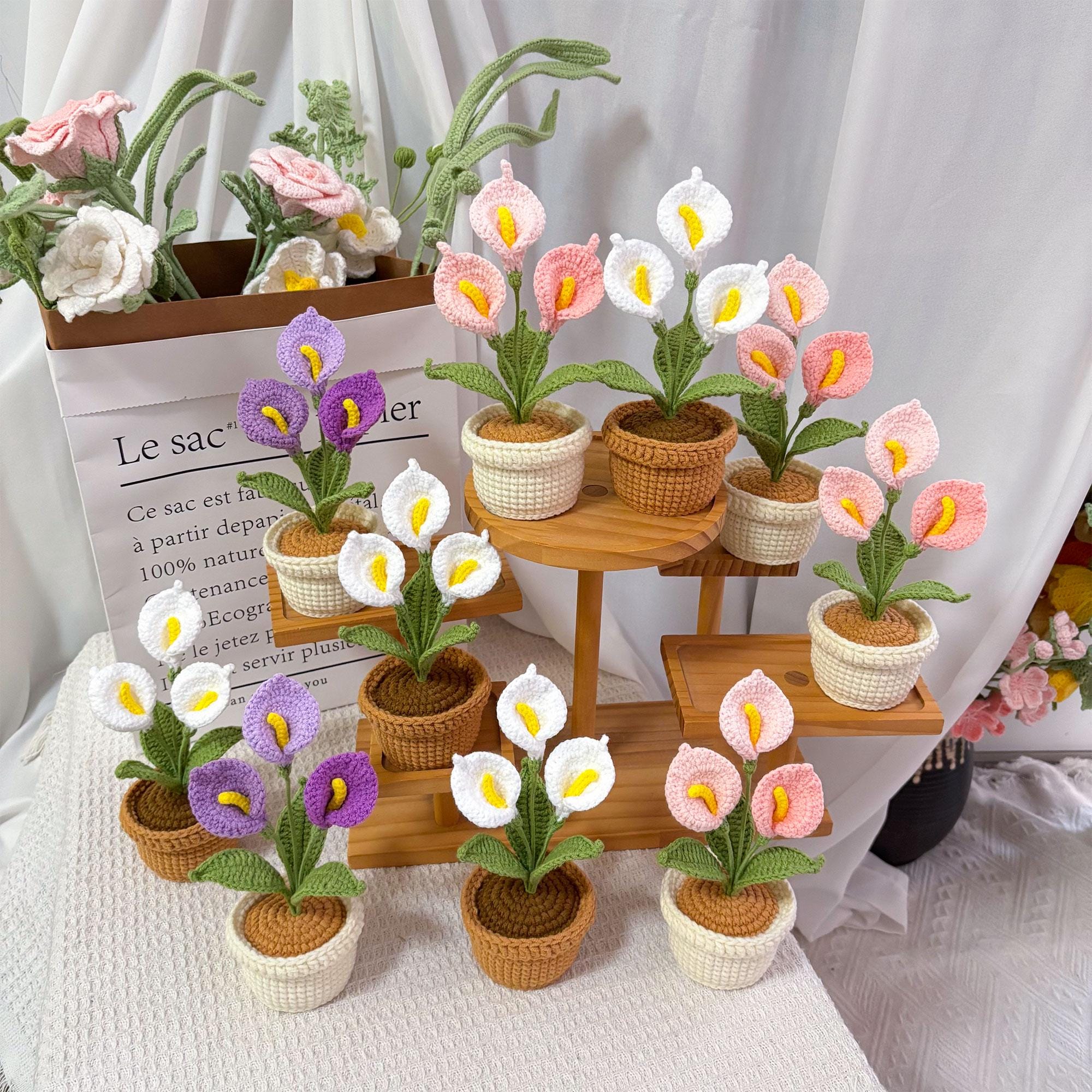 Crochet Calla Lily Plant,Faux Potted Flower Arrangement, Boho Home Decor