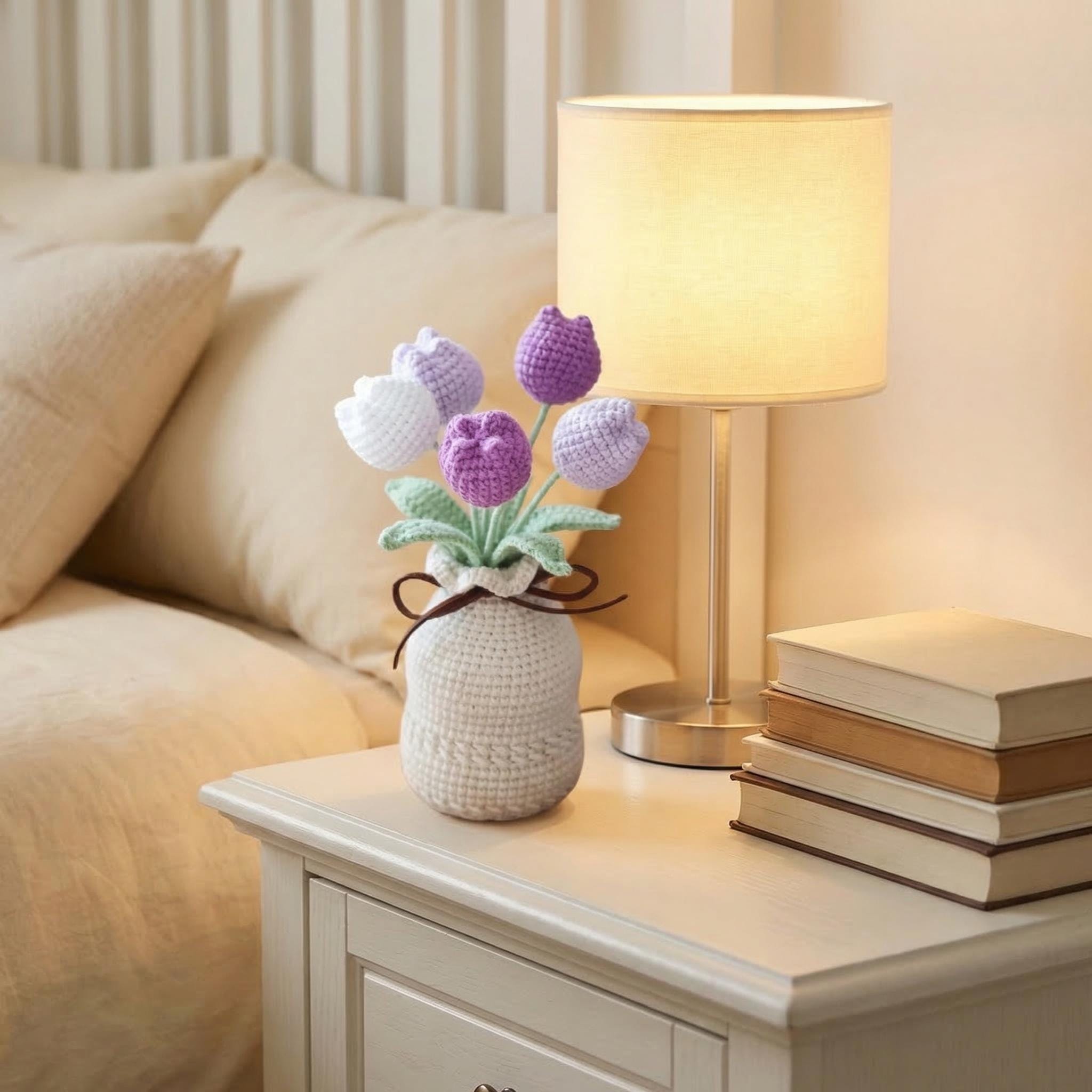 Crochet Tulip Flower in Vase, Handmade Knitted Tulip Bouquet,  Cute Desk Decor