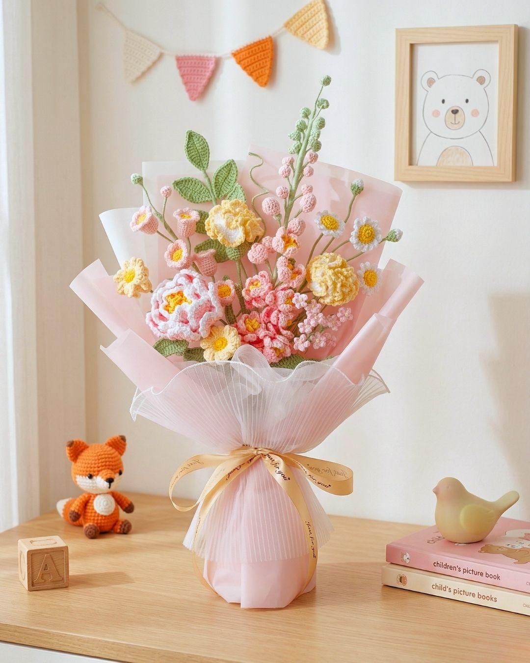 Handmade Crochet Rose Bouquet in Pink