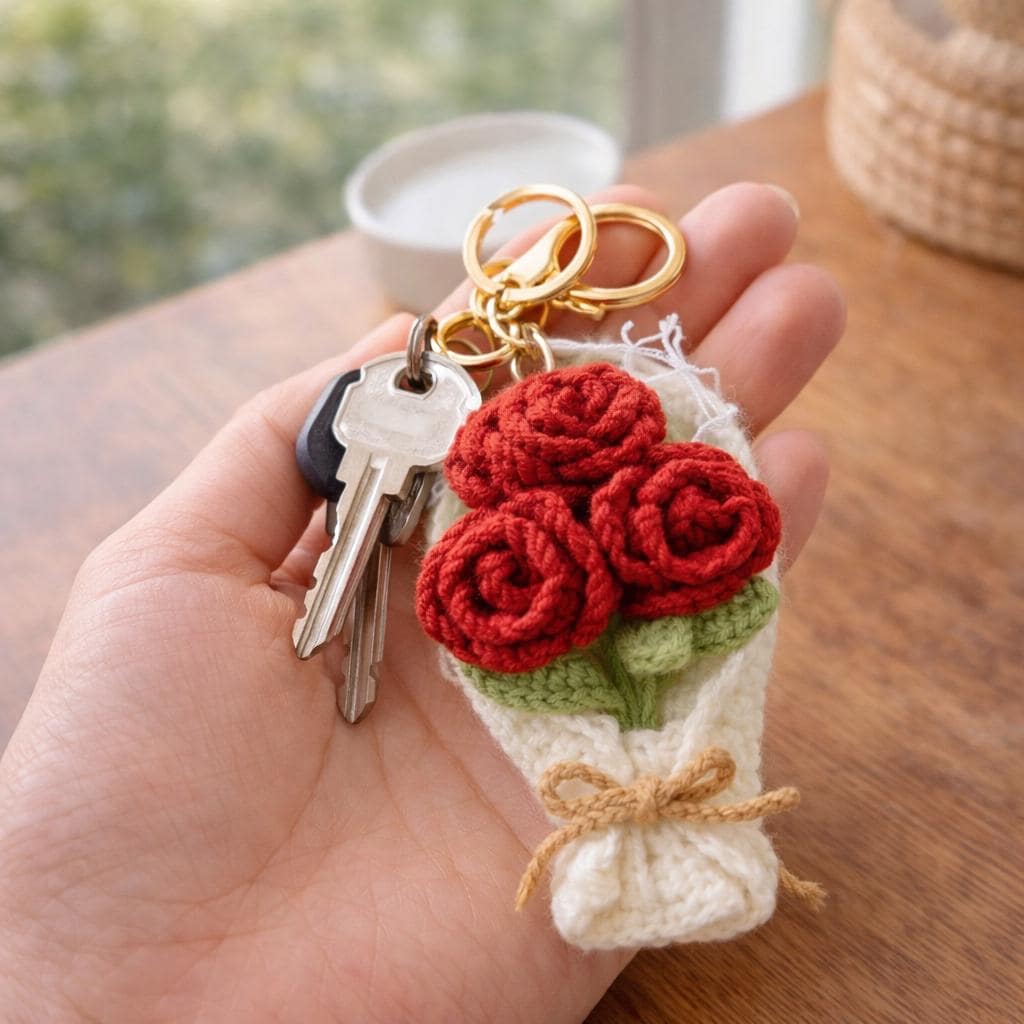 Handmade Mini Crochet Flower Bouquet Keychain – 9 Styles – Soft Yarn