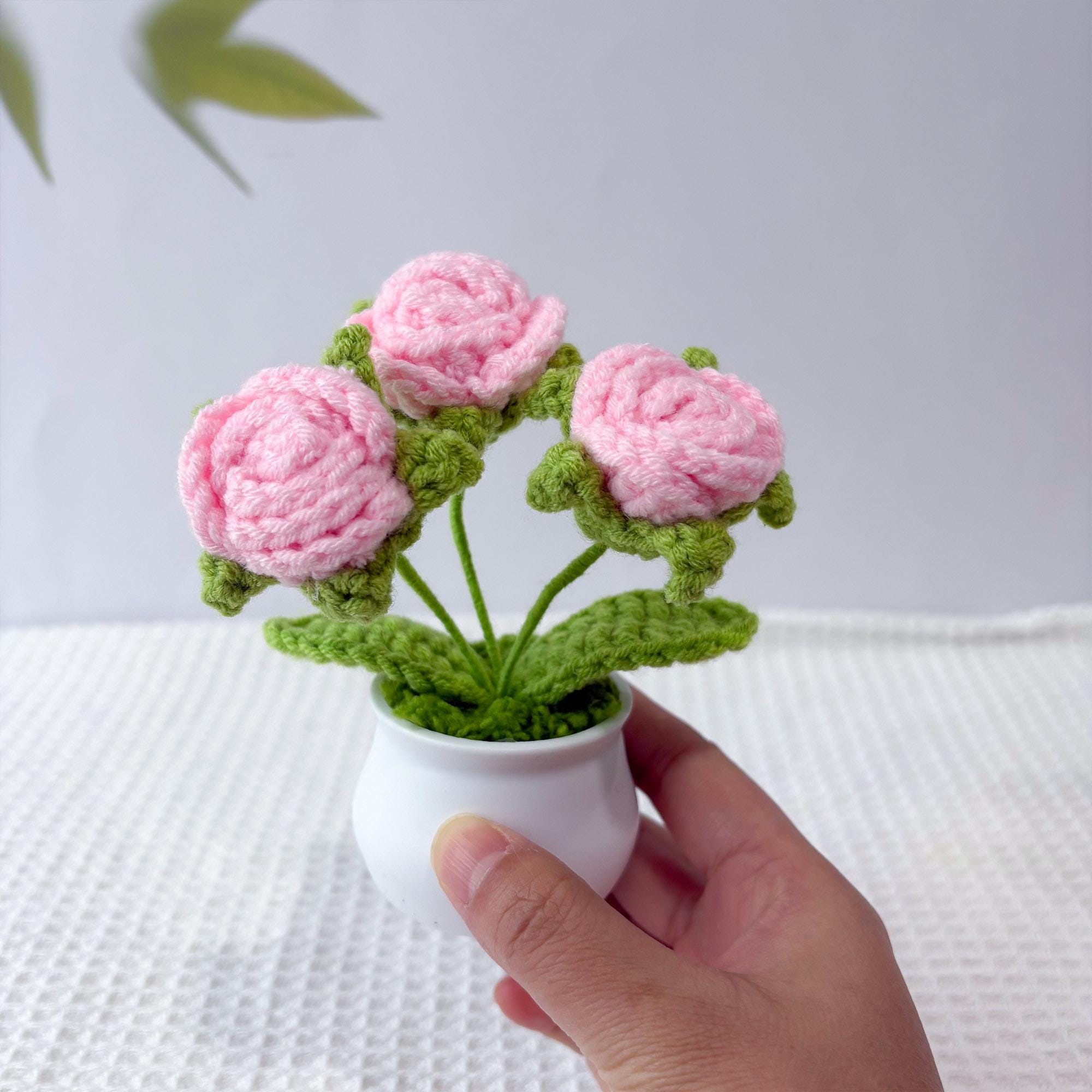 Crochet Flower Pot – Handmade Crochet Plant – Rose Design – Desk Decor