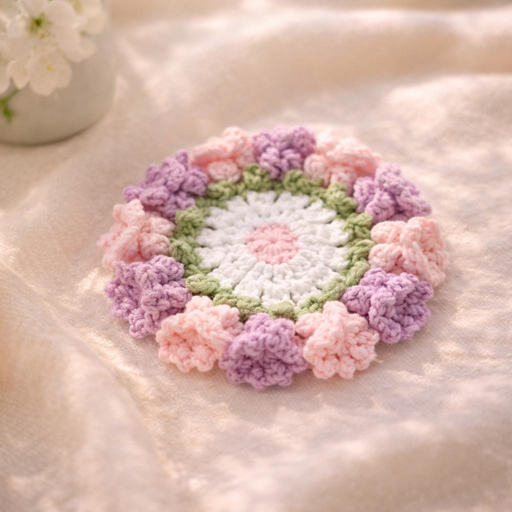 Handmade Crochet Coasters – 12 Colors – Floral Design – Approx. 10 cm