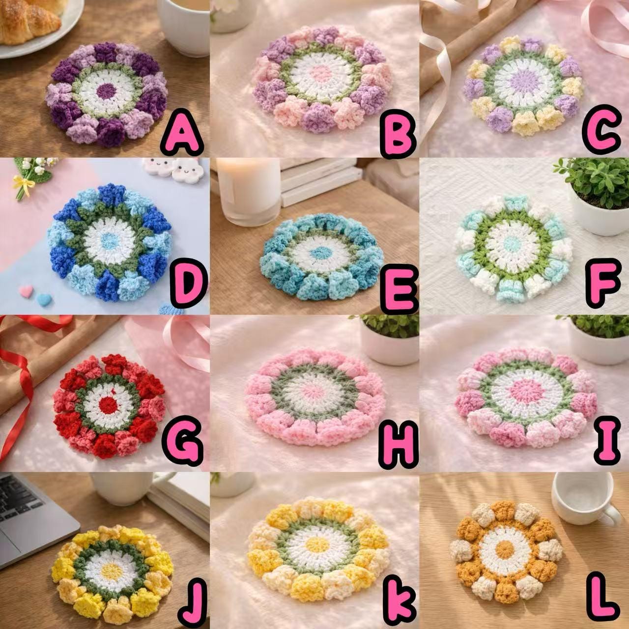 Handmade Crochet Coasters – 12 Colors – Floral Design – Approx. 10 cm