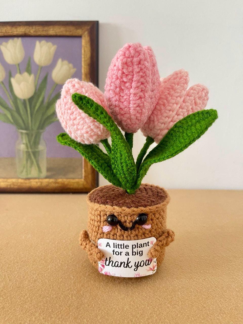 Mother’s Day Crochet Flower Gift – Handmade Lily, Tulip or Rose – Personalized Plaque – Meaningful Gift for Mom