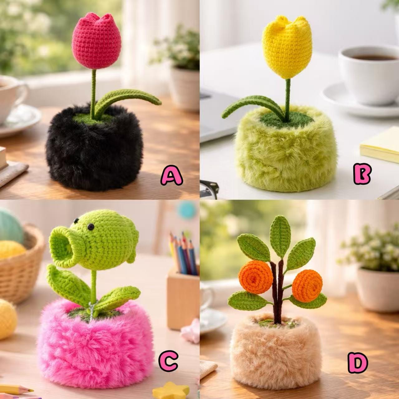 Crocheted Potted Plants, Desktop Ornaments, Office Decor