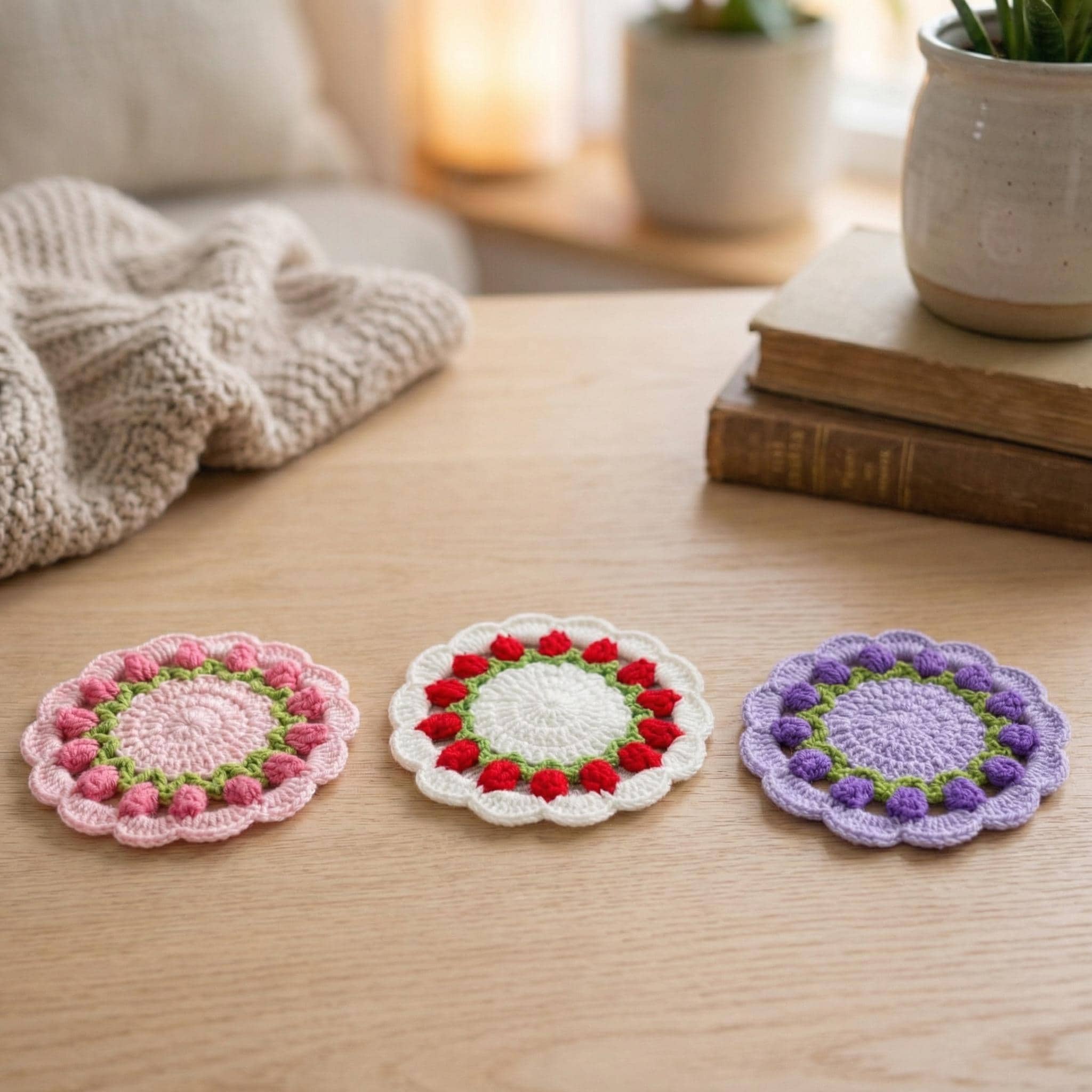Crochet Tulip Coaster – Handmade – Use as Coaster or Decorative Basket