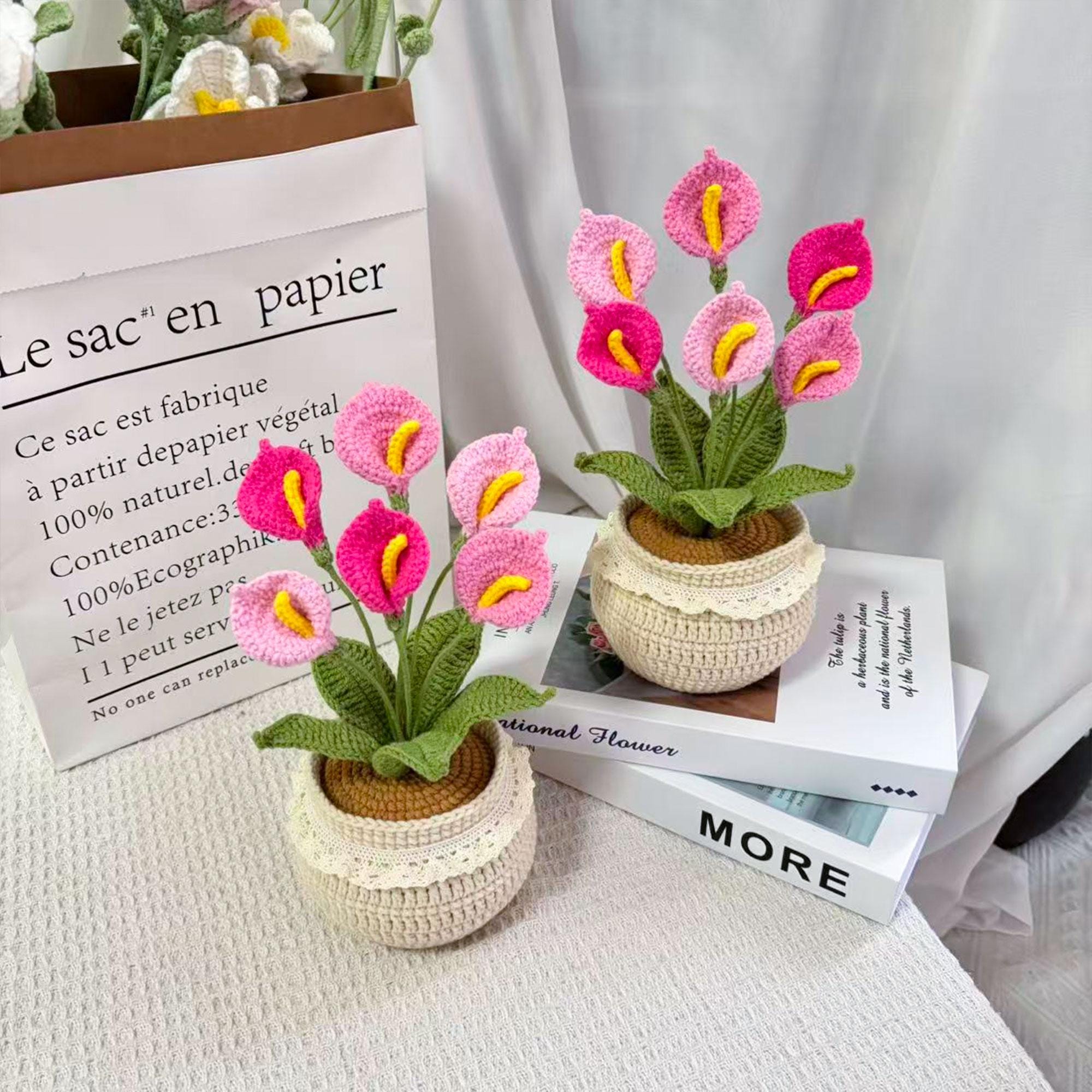 Crochet Calla Lily Plant,Faux Potted Flower Arrangement, Boho Home Decor