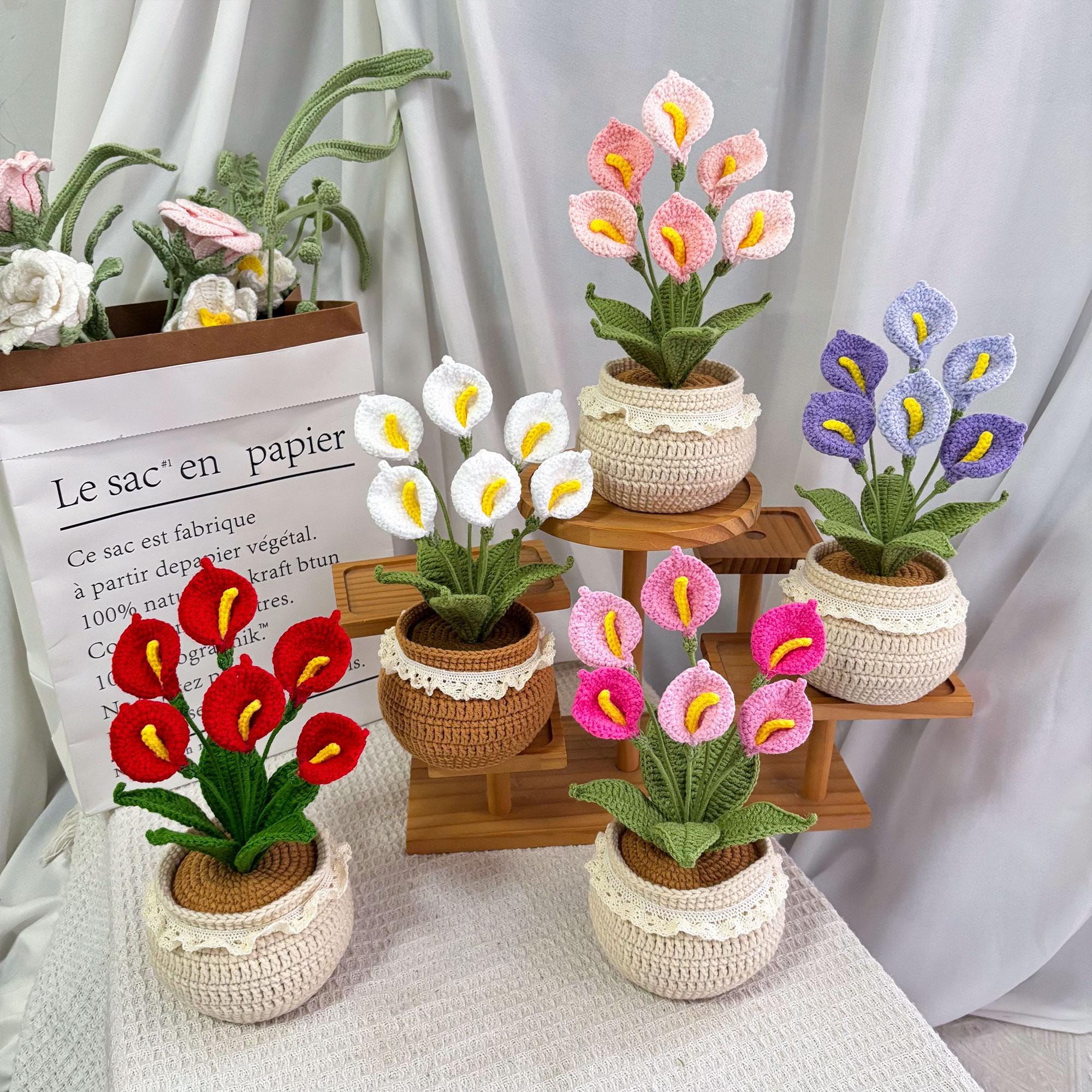 Crochet Calla Lily Plant,Faux Potted Flower Arrangement, Boho Home Decor