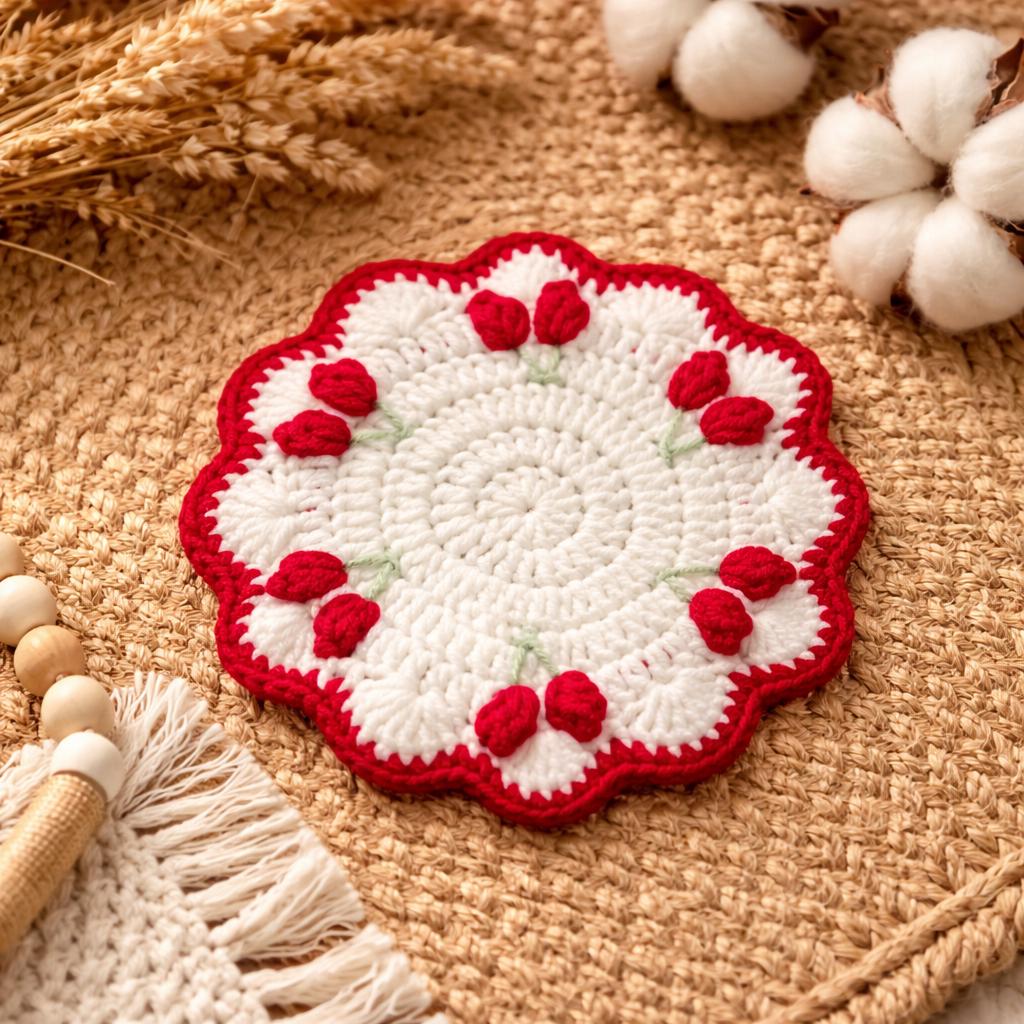 Crochet Coaster Set – Pumpkin, Orange, Cherry Styles – Handmade – Protects Surfaces from Heat