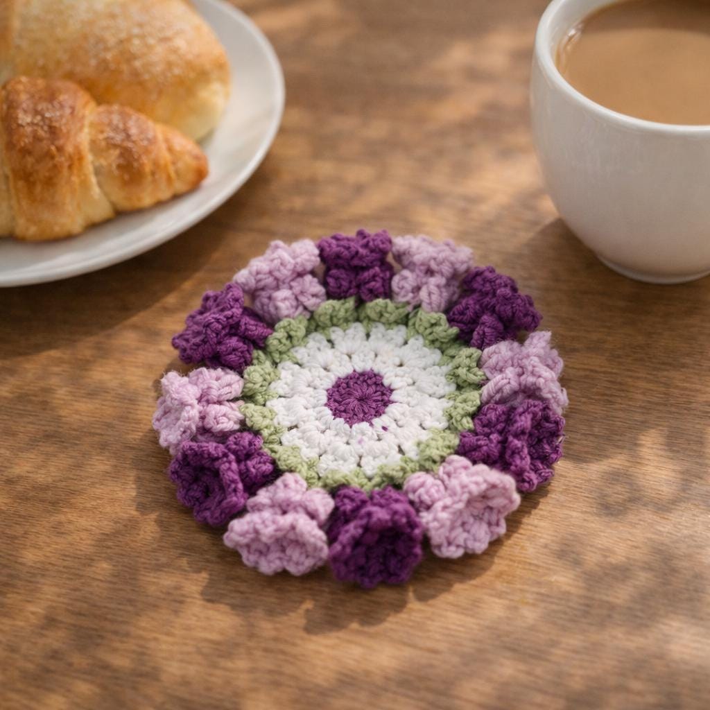 Handmade Crochet Coasters – 12 Colors – Floral Design – Approx. 10 cm