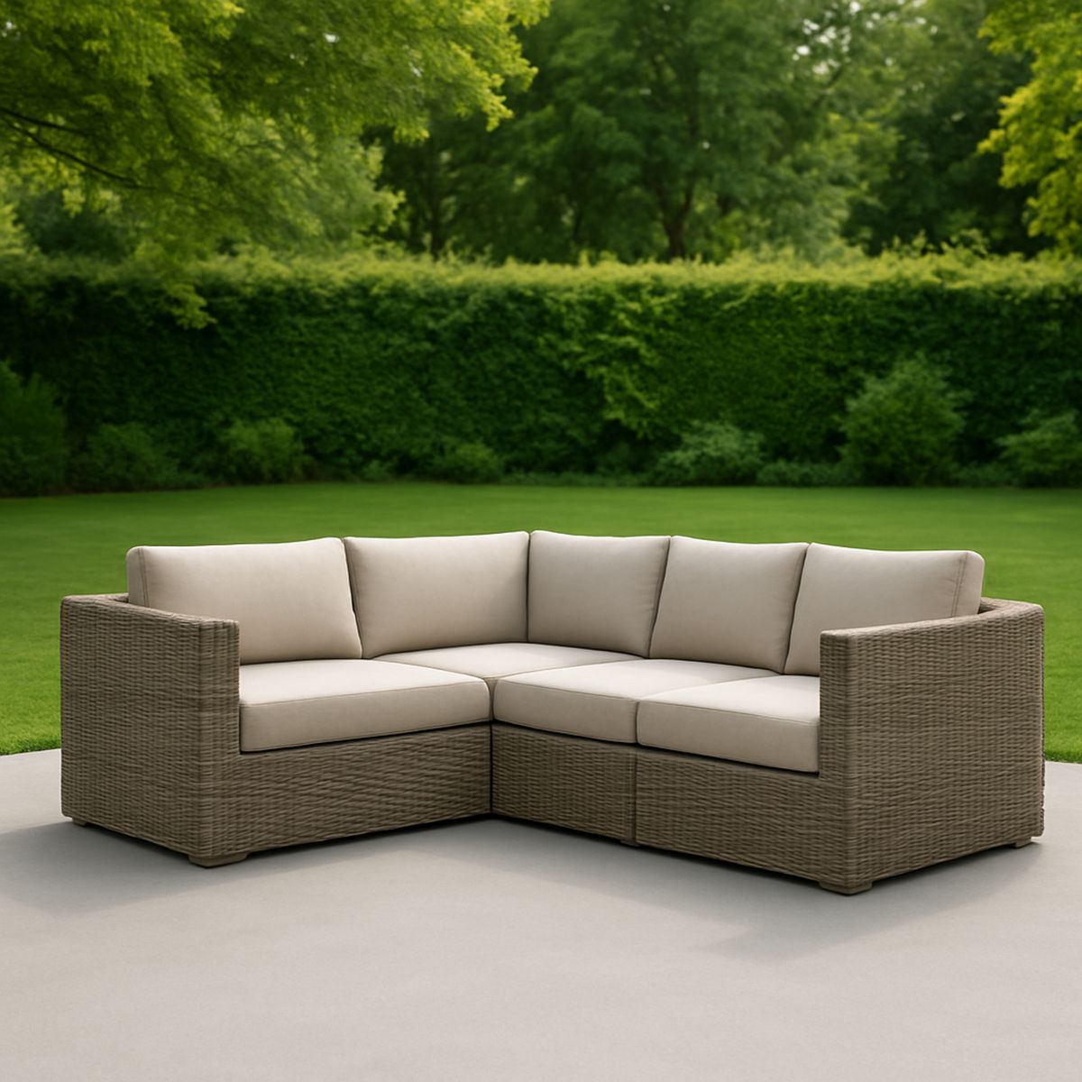 Kültéri sarok kanapé fonott rattan krémszínű párnákkal