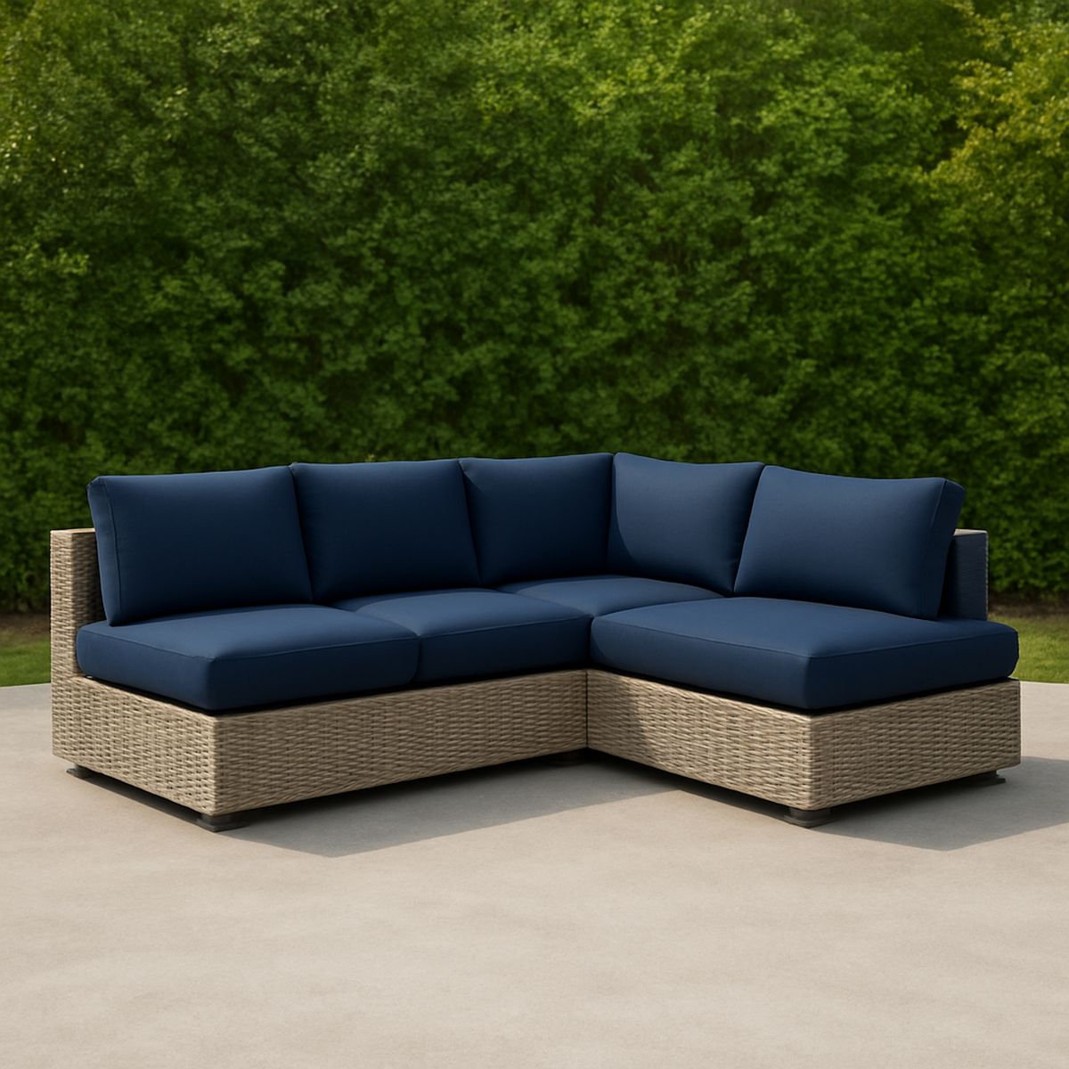 Kültéri sarokkanapé készlet fonott rattan kék párnákkal