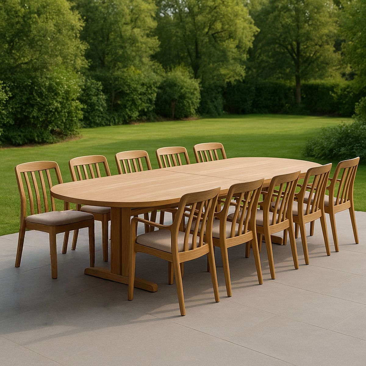 Kültéri étkezőasztal szett ovális asztal 10 tölgyfa székekkel, 300 cm hosszú