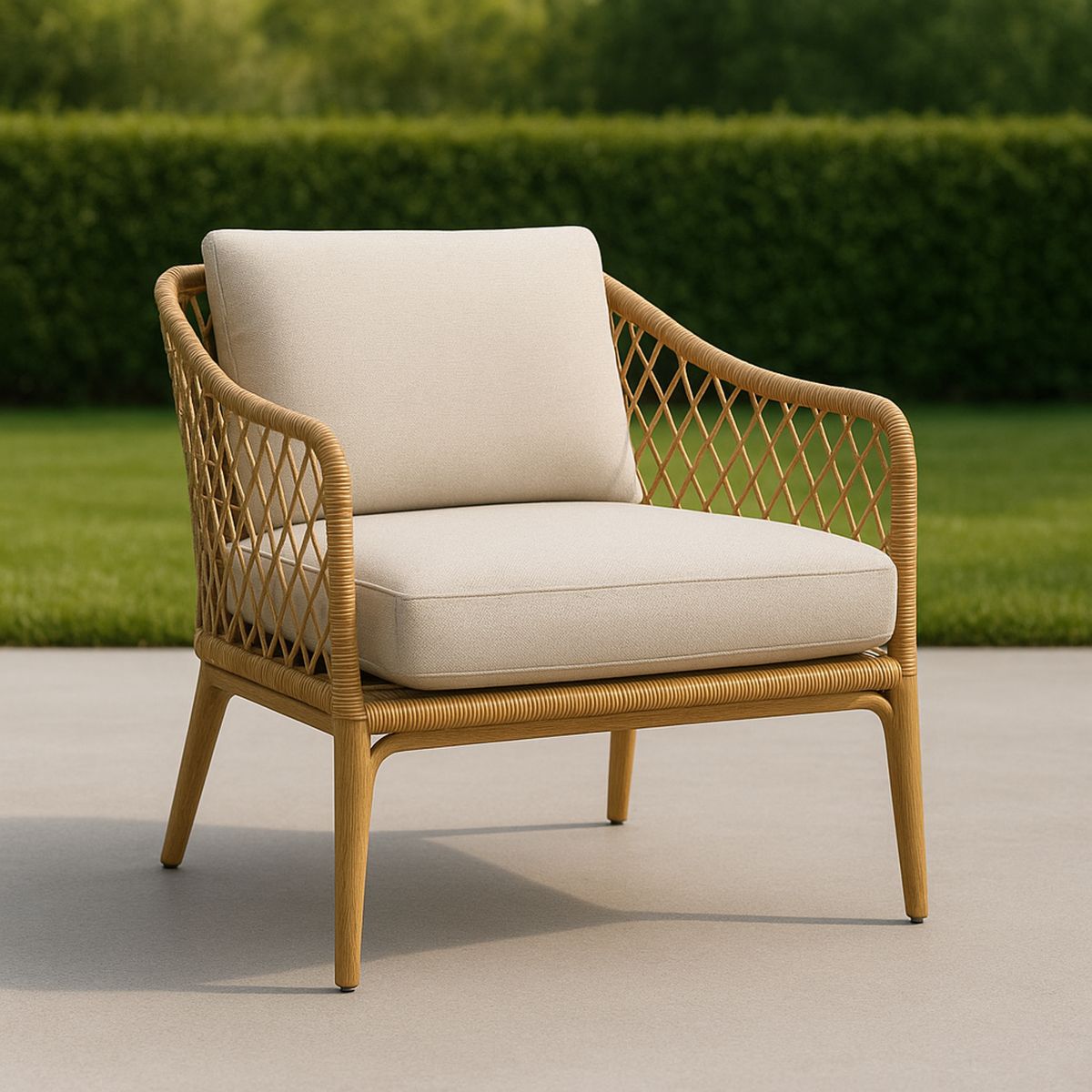 Kültéri fotel acél vázzal és bézs párnával