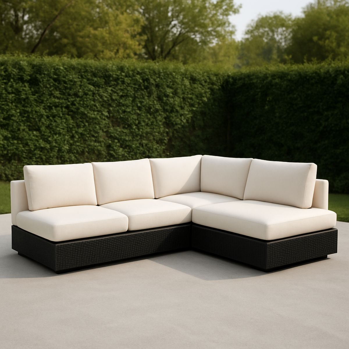 Kültéri L-alakú rattan kanapé fehér párnákkal