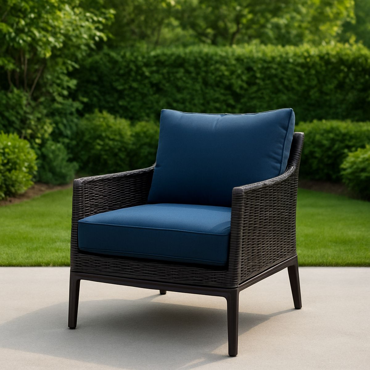 Kerti fotel műgyanta barna fonott vázzal és kék textil párnákkal