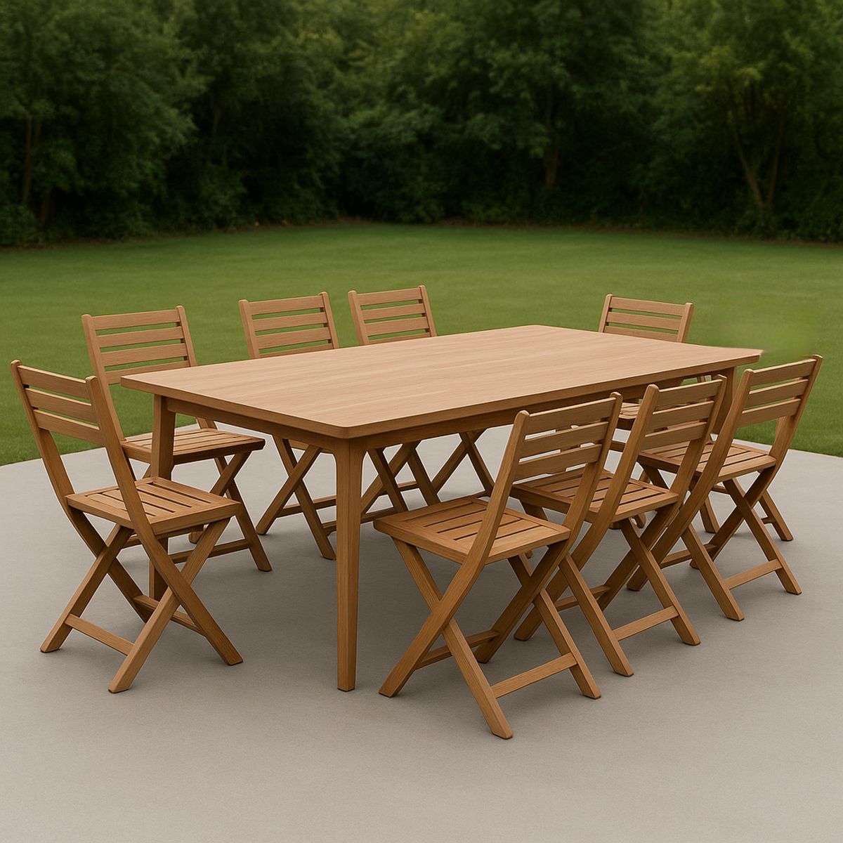 Kültéri fa asztal szett 8 összecsukható székkel