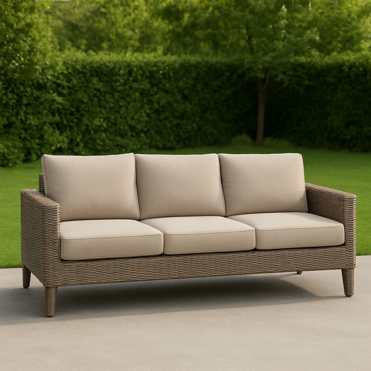 Háromszemélyes kerti kanapé fonott anyagból bézs párnával